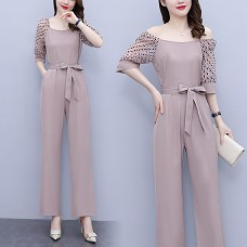 KM3729#小香风长款连体裤女夏气质高腰泡泡袖阔腿裤连体衣