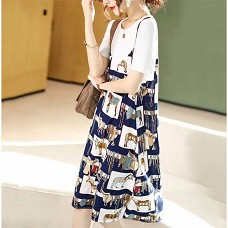 KM20704#夏季新款时尚韩版显瘦百搭撞色织带拼接印花假两件连衣裙