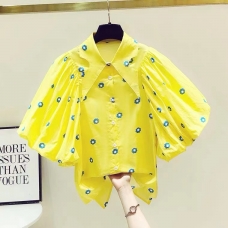 MY3071#法式甜美娃娃领灯笼袖衬衫女夏季气质设计小众黄色碎花上衣ins潮
