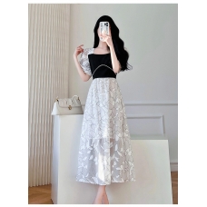 RM5456#夏季新款女装高腰显瘦法式复古气拼接质赫本风海边度假连衣裙
