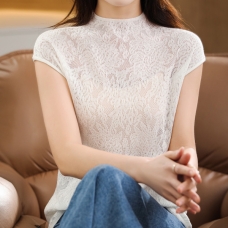 RM5406#新款蕾丝短袖T恤衫女短款纯色勾花镂空半袖背心薄款洋气内搭上衣
