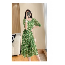 RM5463#碎花连衣裙2023新款女早春高级感别致漂亮七分袖高腰绿色花色裙子