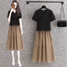 RY136#大码女装轻熟风盐系穿搭胖mm显瘦连衣裙子两件套装