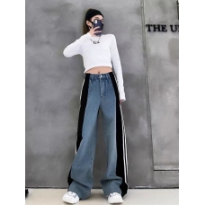 RY1445#春装新款侧边条拼接直筒显瘦拖地牛仔裤女帅气老爹裤