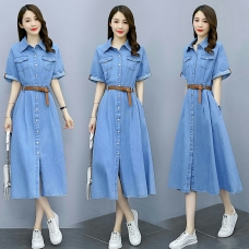 RY1619#仔连衣裙女夏法式复古收腰显瘦气质长款裙