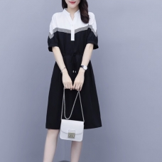 RM17142#夏季新款2023宽松中长款连衣裙女显瘦收腰拼接黑白撞色休闲气质裙