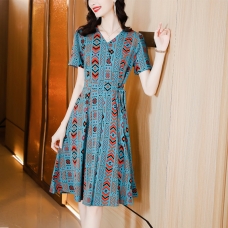 RM17157#新款V领雪纺薄款复古格子连衣裙过膝轻熟风短袖显瘦裙子女夏