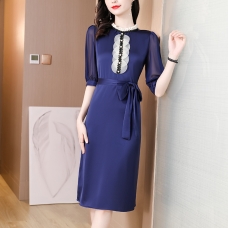 RM17161#高级感醋酸真丝连衣裙女显瘦2023新款大牌立领网纱气质桑蚕丝裙子