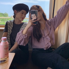 RM21505#紫色格子衬衫女春秋装2023新款别致衬衣小个子长袖上衣设计感小众