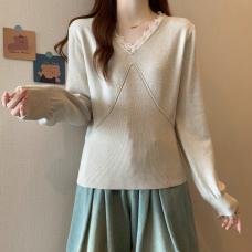RM25865#大码女装胖MM花边V领2023年秋冬宽松显瘦新款毛衣套头针...