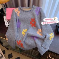 RM25885#复古彩色花朵圆领长袖针织衫女2023秋季慵懒风独特别致毛衣...