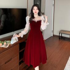 RM25889#敬酒服2023新款新娘酒红色冬季平时可穿纱袖订婚连衣裙出阁...