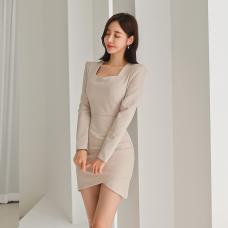 RM25949#新款韩版时尚气质优雅显瘦百搭简约长袖方领纯色连衣裙