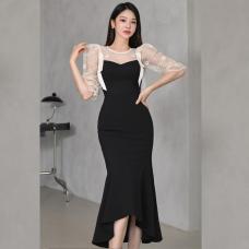 RM25950#新款韩版时尚气质修身显瘦蕾丝拼接中长款鱼尾包臀连衣裙