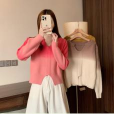 RM25973#大码女装冬季新款胖mm韩版渐变色设计感显瘦V领针织衫