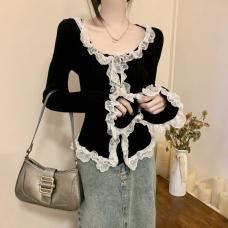 RM25990#法式蕾丝花边长袖针织衫秋季设计感小众显瘦短款上衣女