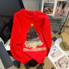 RM26102#美式复古圣诞树红色毛衣女冬季新款慵懒风宽松大件外套针织上衣