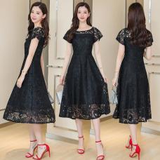 RM26116#夏季女法式收腰黑色蕾丝连衣裙高级感气质显瘦刺绣中长款裙子