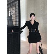 RM26157#时尚针织开叉高腰辣妹紧身连衣裙+黑色双层腰带