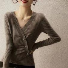 RM26167#气质淑女V领设计感纯色羊毛长袖针织打底衫