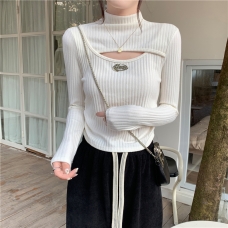 RM25630#纯欲风紧身长袖半高领T恤性感打底衫洋气镂空上衣女潮