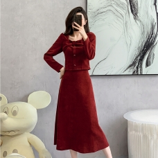 RM25650#红色高端大牌连衣裙女秋冬2023新款气质高级感灯芯绒套装裙两件套