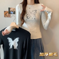 RM25670#大码女装冬季新款长袖T恤女加绒修身显瘦保暖上衣保暖打底衫