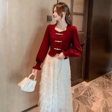 RM25706#新中式盘扣设计感小香风短款上衣+千层蛋糕裙套装裙