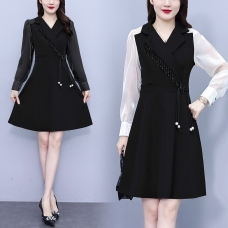 RM25715#大码女装2023秋季新款韩版赫本风西装法式气质减龄拼接连衣裙