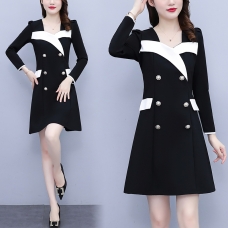 RM25717#大码女装2023秋季新款韩版双排扣法式方领撞色拼接洋气连衣裙