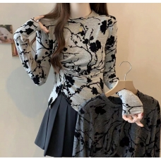 RM25718#胖MM新款法式复古时髦碎花设计感小众圆领修身百搭显瘦女上衣