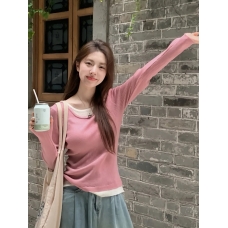 RM25736#小个子秋季高级别致绝美长袖假两件设计上衣女正肩T恤针织打底衫
