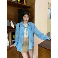 RM25766#港味韩系龄蓝色条纹衬衫外套女秋季薄款防晒衫宽松上衣