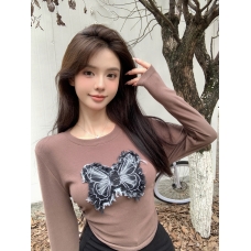 RM25797#辣妹立体蝴蝶抽绳绑带修身显瘦长袖t恤