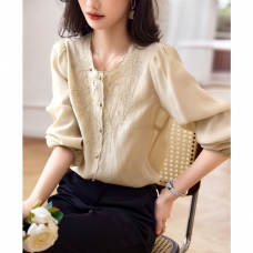 RM25822#重工刺绣真丝衬衫女士秋季法式长袖设计感优雅漂亮显瘦桑蚕丝上衣