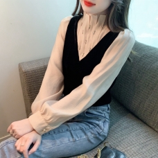 RM25834#立领拼接钉珠修身衬衫女设计感小众百搭简约上衣