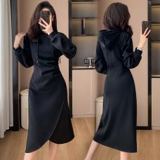 RM26015#黑色长袖卫衣连衣裙女秋季穿搭高级感气质收腰显瘦中长款过膝裙子