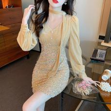 RM26101#性感名媛气质丝绒连衣裙冬季高级感亮片拼接女神范收腰包臀短裙子