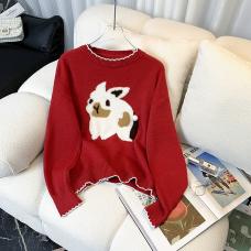 RM26197#红色小兔子毛衣女冬季宽松甜美圆领学院风套头针织衫