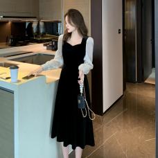 RM26243#新款金丝绒连衣裙女气质显瘦黑色收腰高级感长裙女
