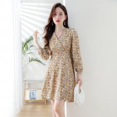RM26268#韩版女装法式浪漫长袖碎花V领连衣裙度假裙子