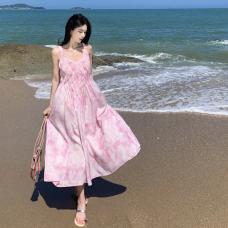 RM26298#夏季新款粉色水墨晕染高级感海边度假吊带多巴胺连衣裙长款