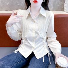RM26337#新款韩版个性拼接长袖衬衫纯色显瘦百搭时尚抽绳上衣