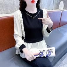 RM26338#新款韩版拼接荷叶边裙长袖衬衫显瘦百搭时尚个性上衣
