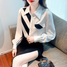 RM26352#新款韩版设计感黑白条纹撞色假口袋百搭长袖衬衫