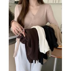 RM26360#韩版V领不规则设计感斜扣纯色显瘦百搭针织上衣