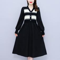 RM26363#法式针织拼接连衣裙秋冬新款设计感收腰显瘦假两件长裙