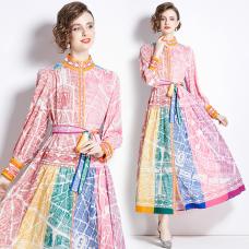 RM26370#新款民族风复古立领灯笼袖拼色印花连衣裙