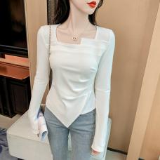 RM26448#韩系方领t恤女装2023年秋季新款不规则设计显瘦气质长袖上...