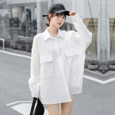 RM26481#韩版休闲H型宽松纯色时尚帅气纯棉撞色单排扣衬衣